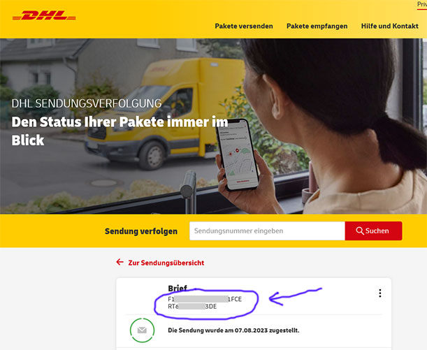 Результат отслеживания на сайте DHL в Германии