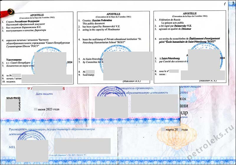 Школьный аттестат и приложение с апостилем