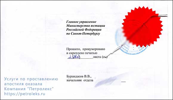 Подпись, печать ГУ Минюста на обороте