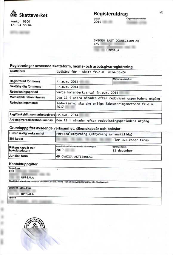 Выписка из реестра Шведского налогового управления - страница 1