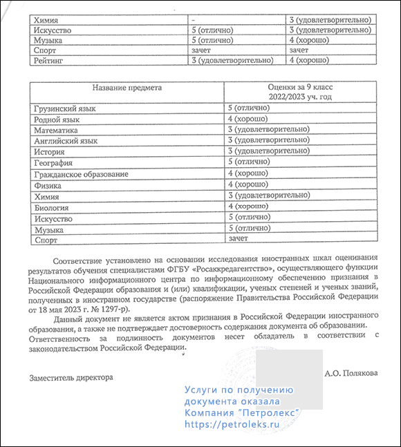 Заключение о соответствии школьных оценкок Грузия - Россия, страница 2