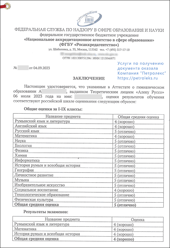 Заключение о соответствии иностранных оценок (Молдова) российской 5-балльной шкале оценивания