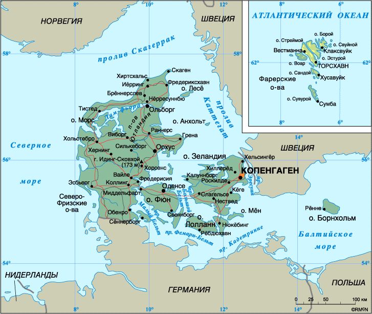 Подробная карта Дании